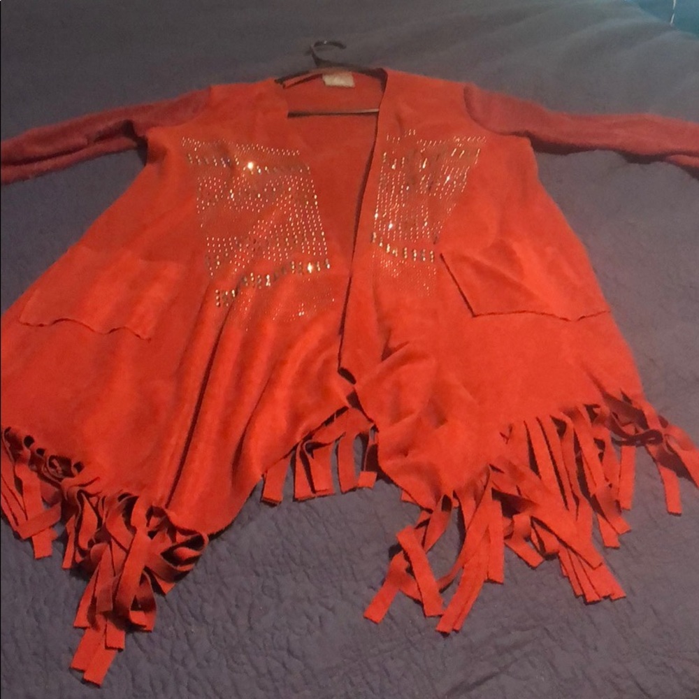Long burnt orange cardigan, fringe and bling